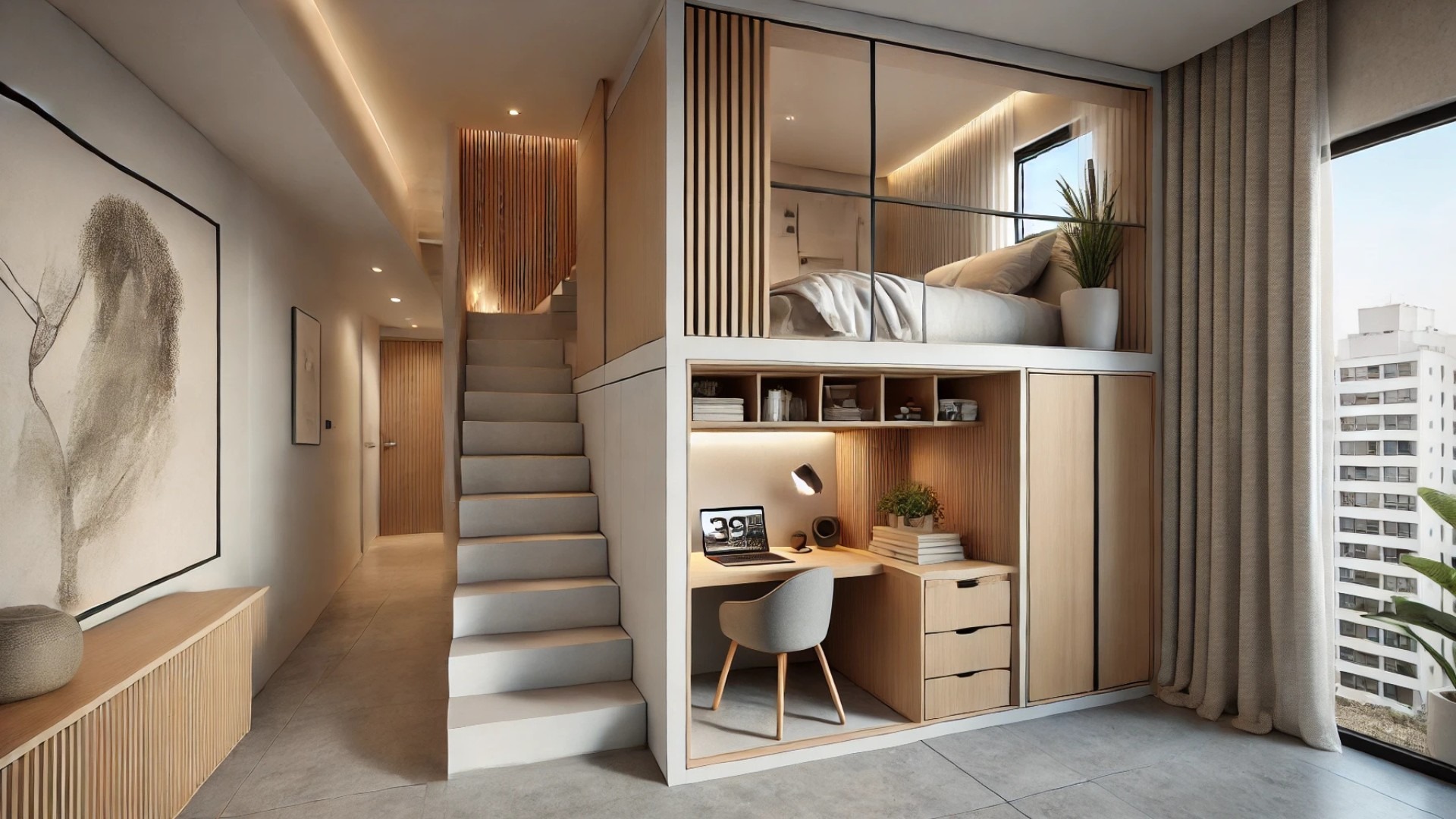Stylish compact living apartment design with open-plan layout.