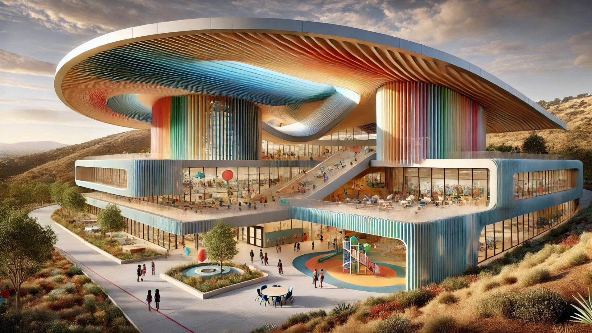 capturing the vibrant and playful architecture of Wonderland Elementary School, showcasing its colorful louvers, curved design, natural integration with the landscape, and sustainable features