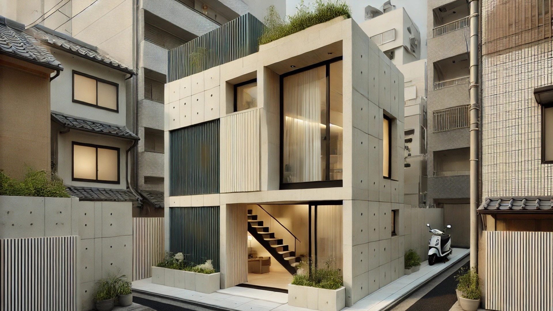 capturing the "House for Two" in Japan—featuring its compact, vertical layout, green terraces, and tranquil, minimalist design nestled in a dense urban setting