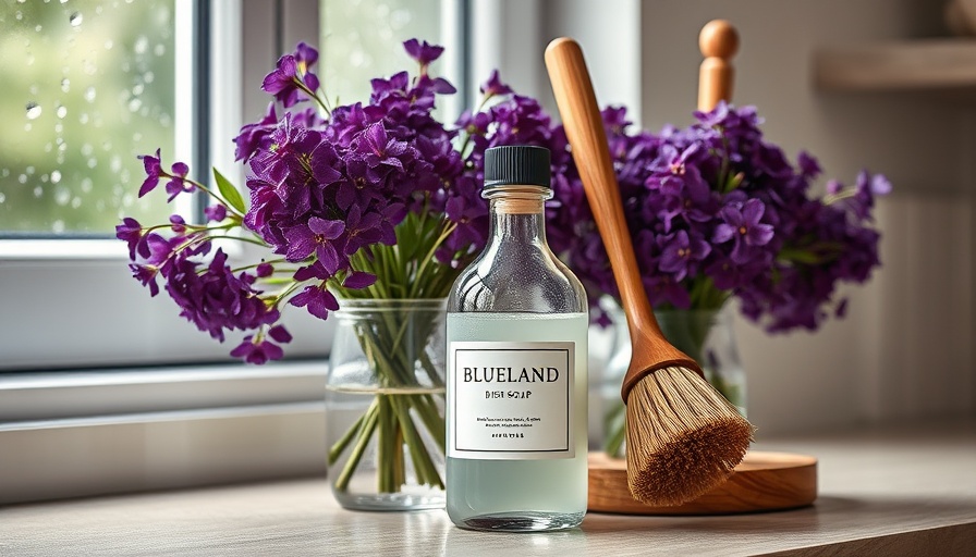Elegant BLUELAND eco-friendly dish soap bottle with rustic brush and flowers