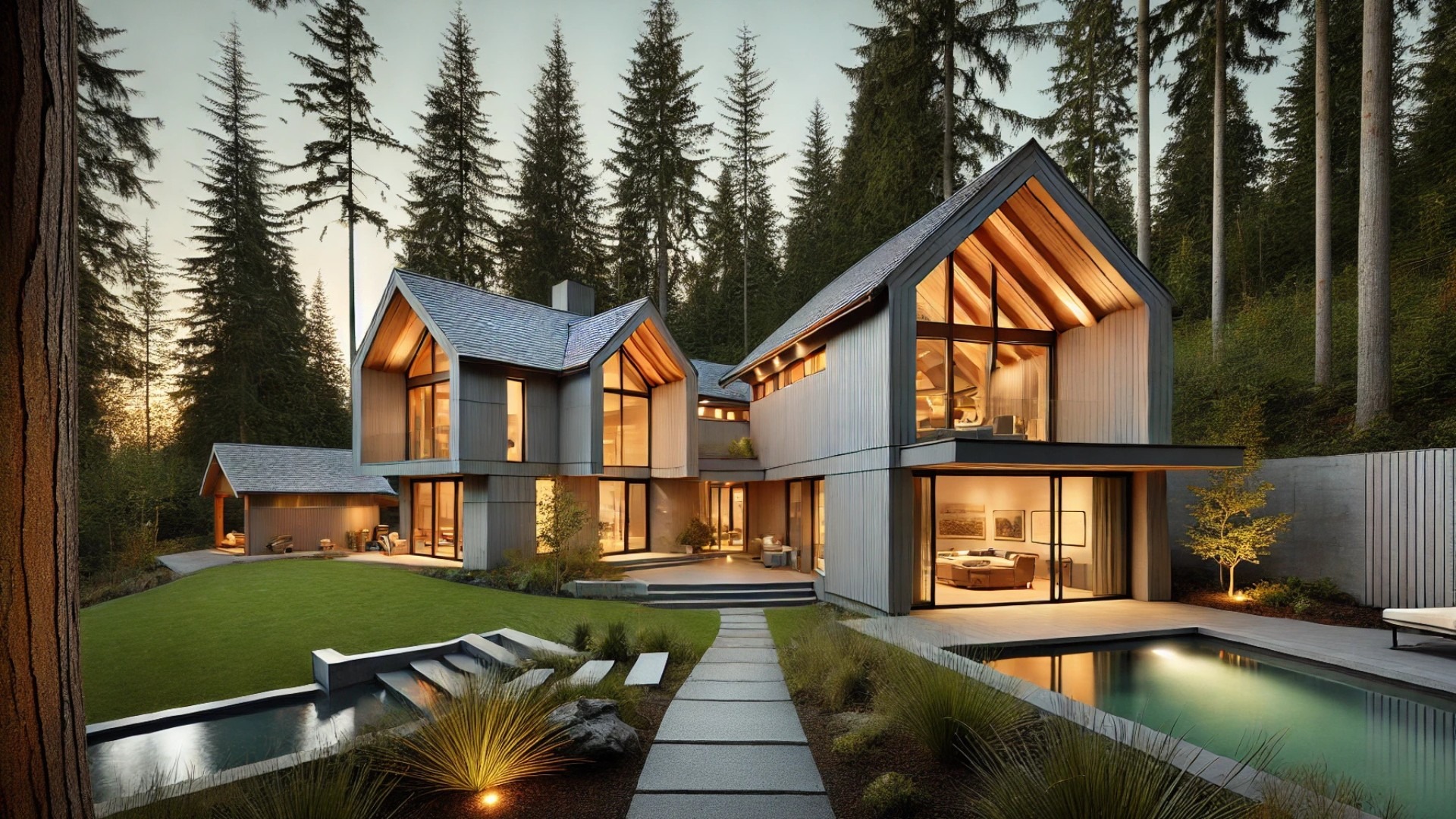 Interurban Residence, capturing its forested setting, sustainable design, and seamless indoor-outdoor living