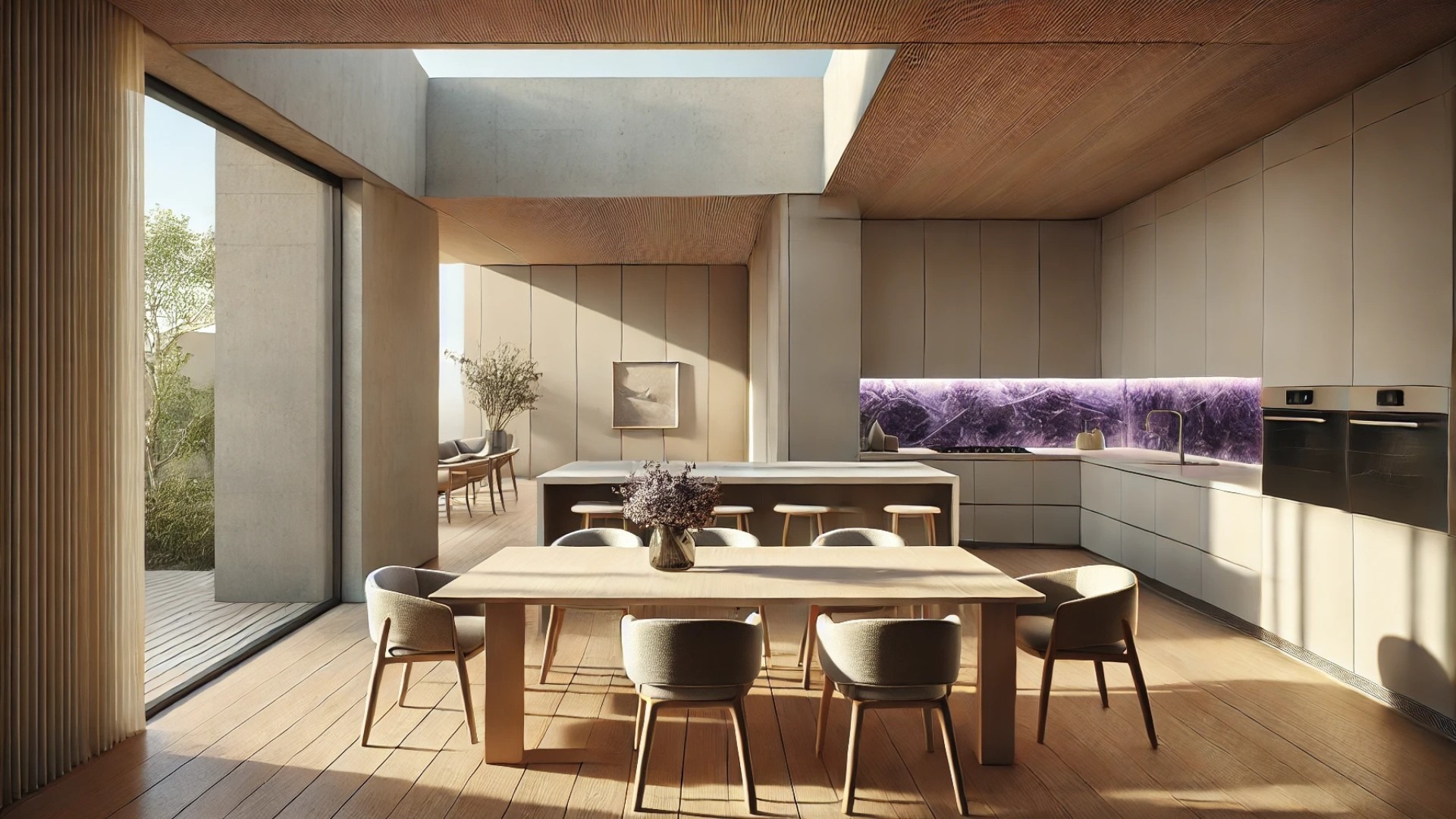 dining area of the Pocket Laneway House seamlessly connected to the minimalist kitchen with an amethyst-glazed backsplash