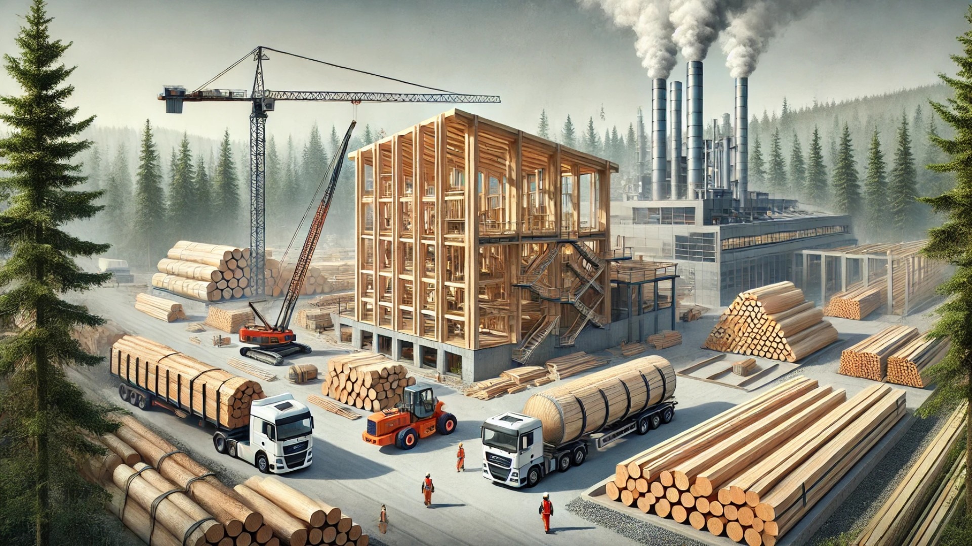 showing the complexities of mass timber construction, with emphasis on engineered wood assembly, supply chain logistics, and the surrounding forest environment