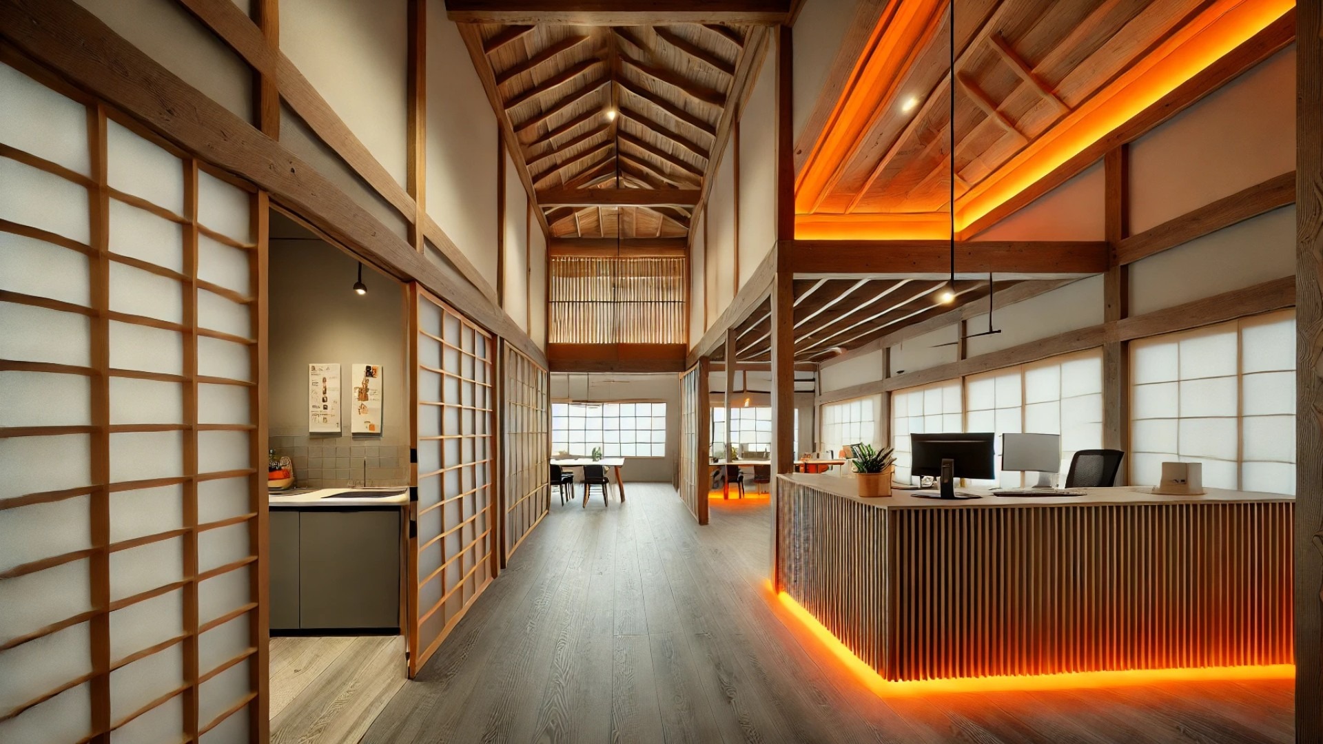 highlighting the interior details of the renovated Ōimachi House, showcasing its transformation into a modern office with clear paths, warm lighting, and a blend of traditional and contemporary materials