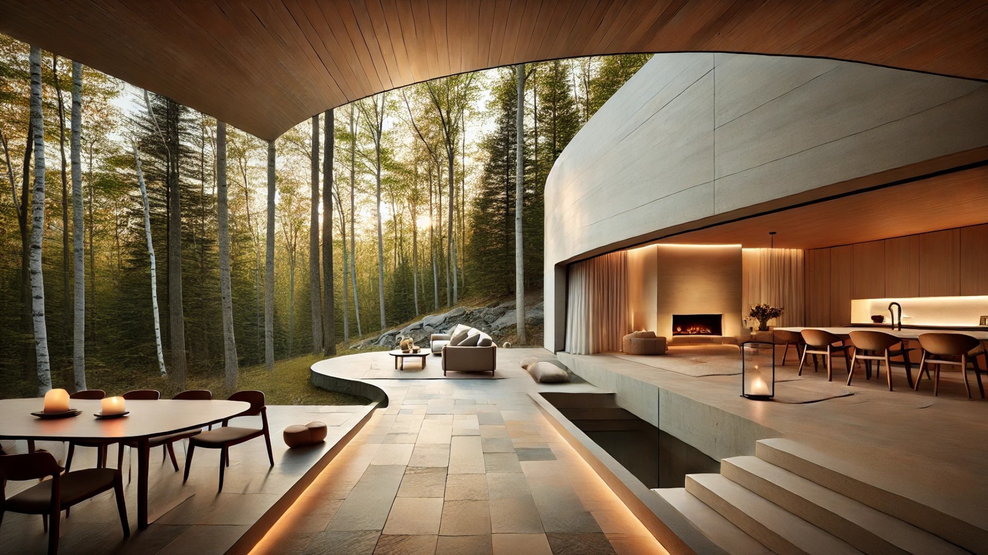 capturing the essence of the Montpellier residence, showcasing its tranquil integration with the forested landscape and the minimalist, natural interior design