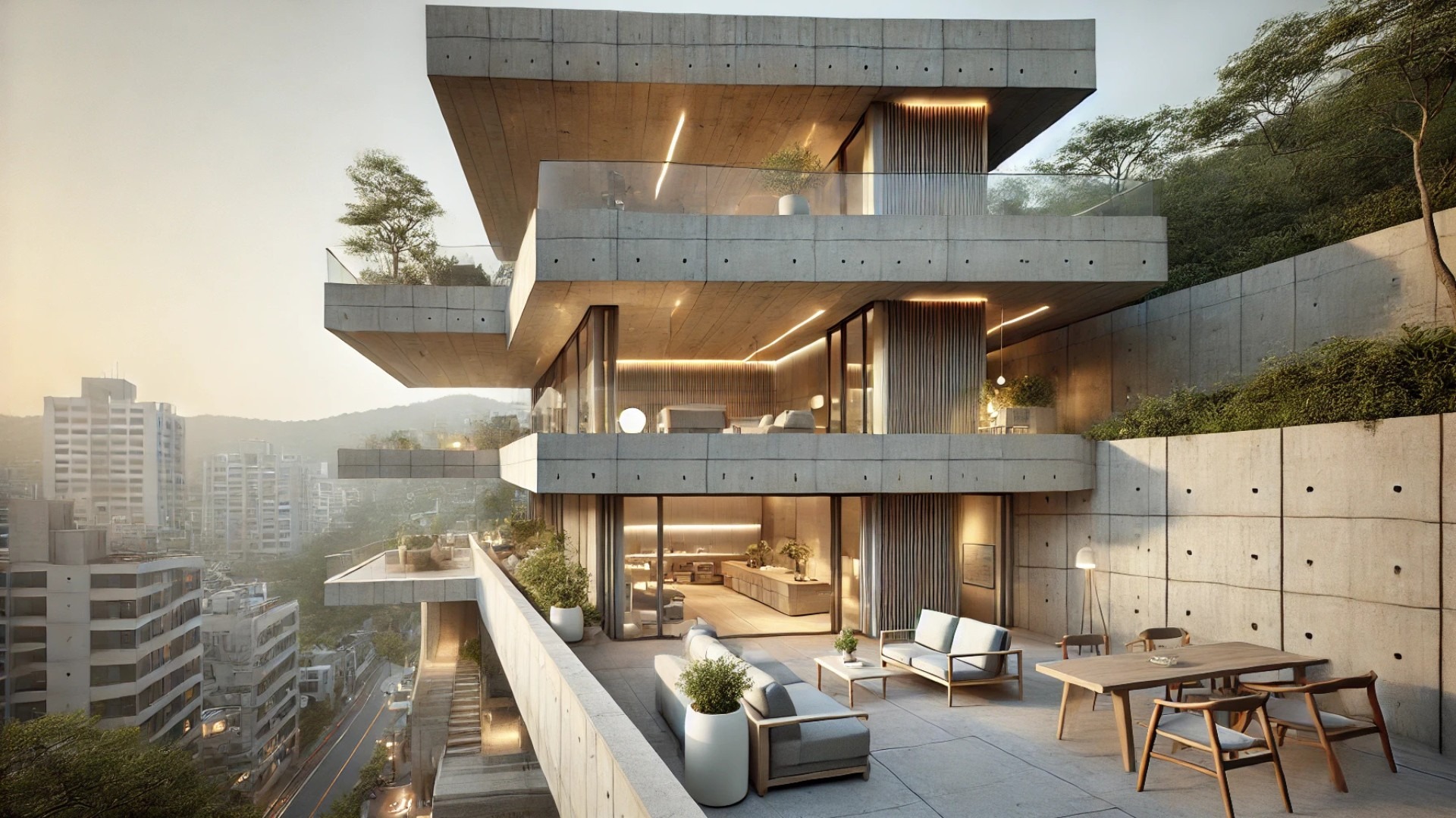 penthouse of the Raw House, highlighting its minimalist design, panoramic views, and refined material palette
