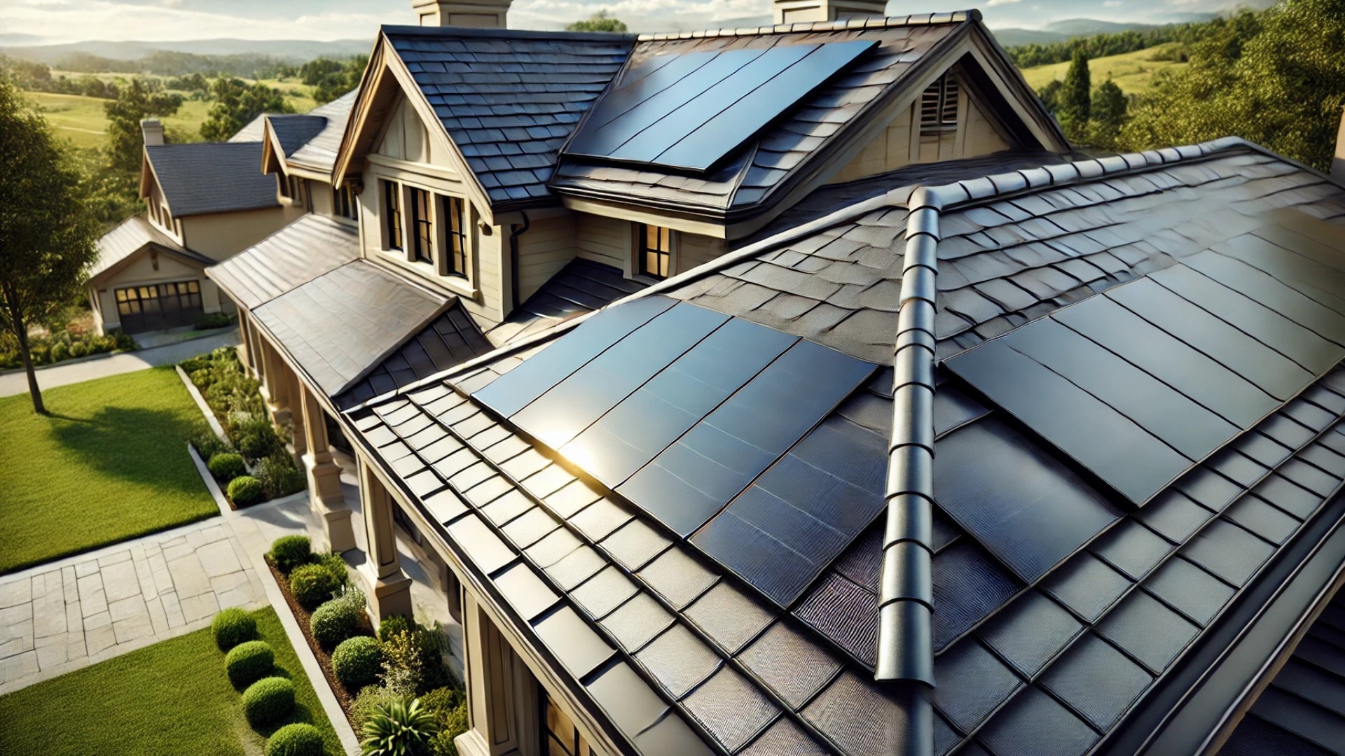 focusing on solar shingles integrated into a newly replaced luxury home's roof, highlighting both craftsmanship and curb appeal