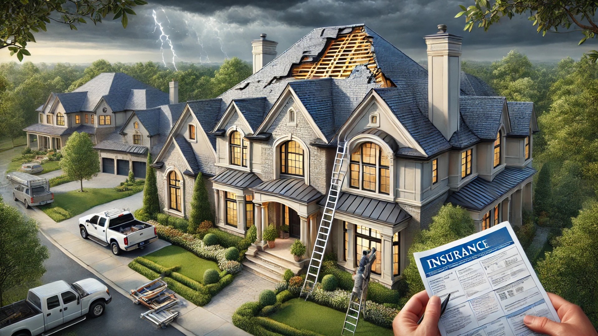 capturing a realistic view of a luxury Brentwood, TN home with visible roof damage