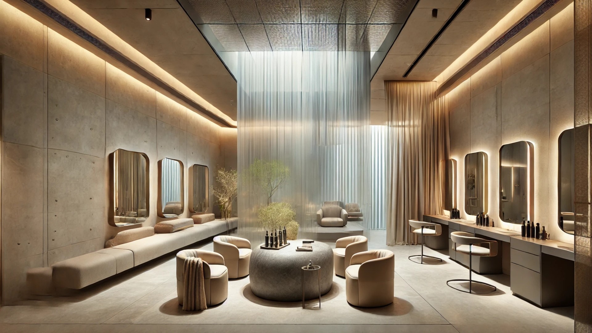 Cher's Hair Salon interior, highlighting its serene and elegant design with the sunken seating area, sculptural acrylic installation, and monolithic stone island