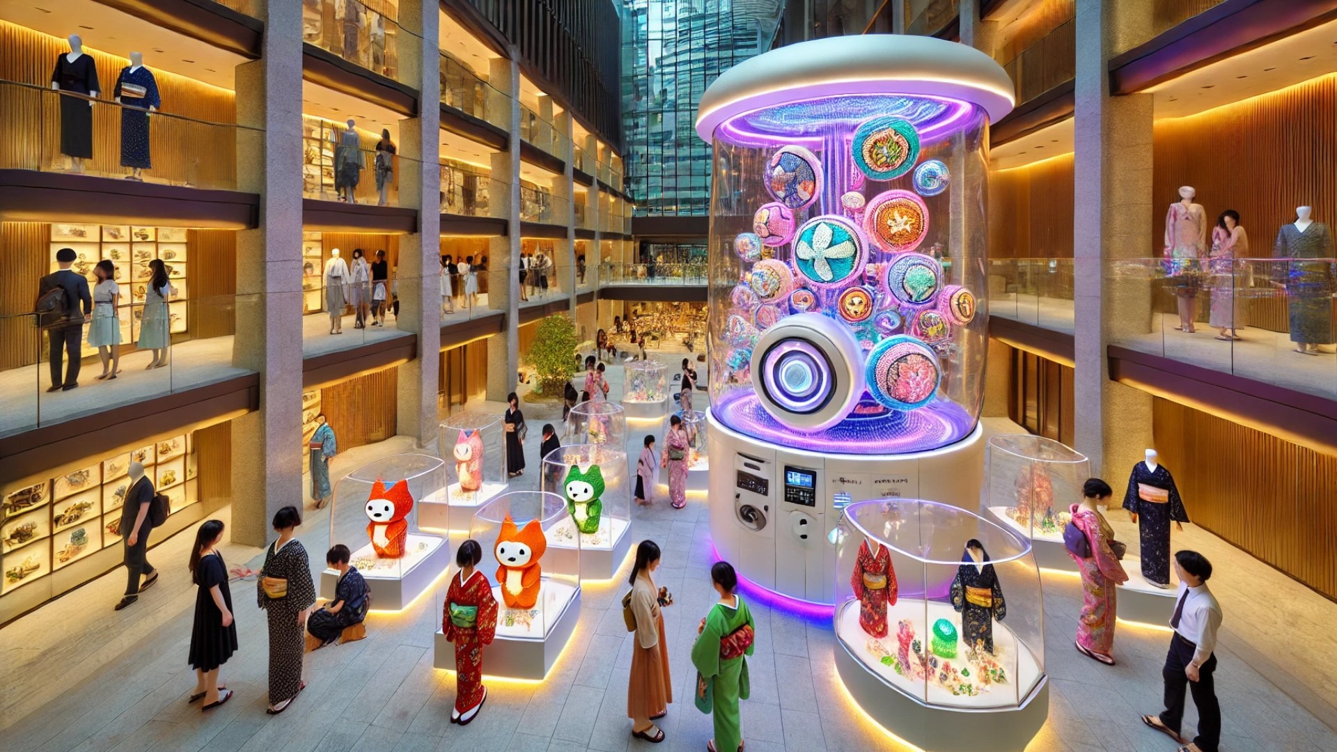 capturing the vibrant atmosphere of the Osaka Art & Design 2025 festival, with interactive installations, textile art, and whimsical urban sculptures all set against a modern Osaka backdrop