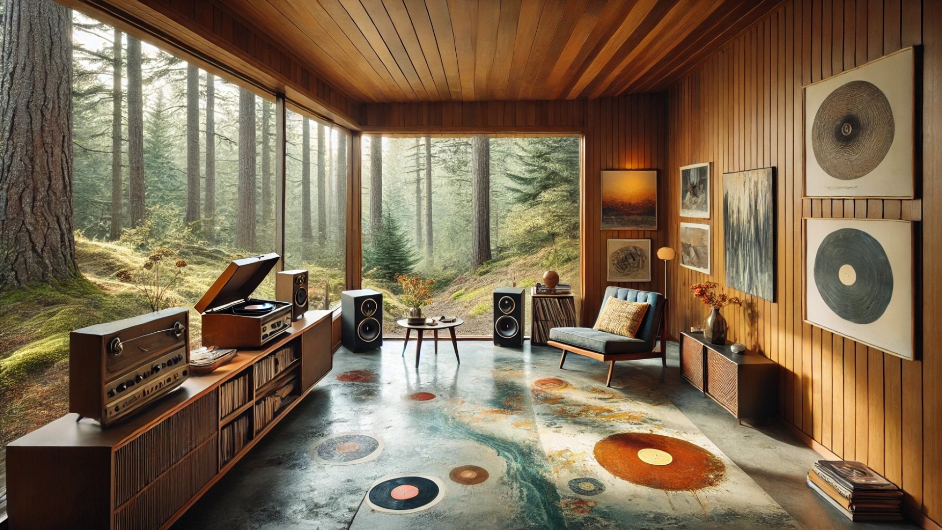 mid-century modern music room inspired by the Alden Mason House, highlighting the paint-splattered concrete floor, forest surroundings, and artistic ambiance