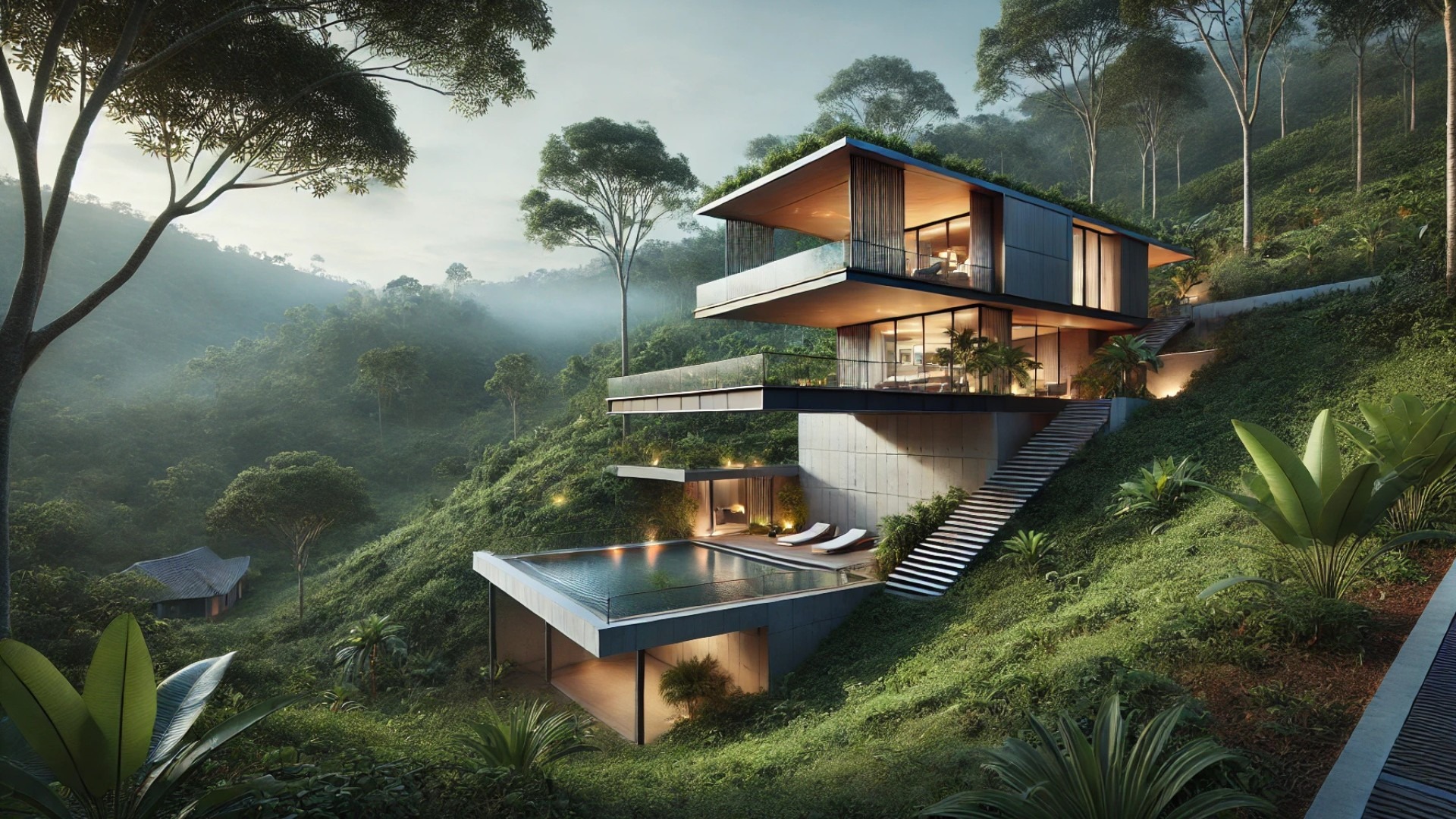 BAAN O+O House, showcasing its elevated design, cantilevered structure, and harmonious integration with the natural landscape of Khao Yai National Park