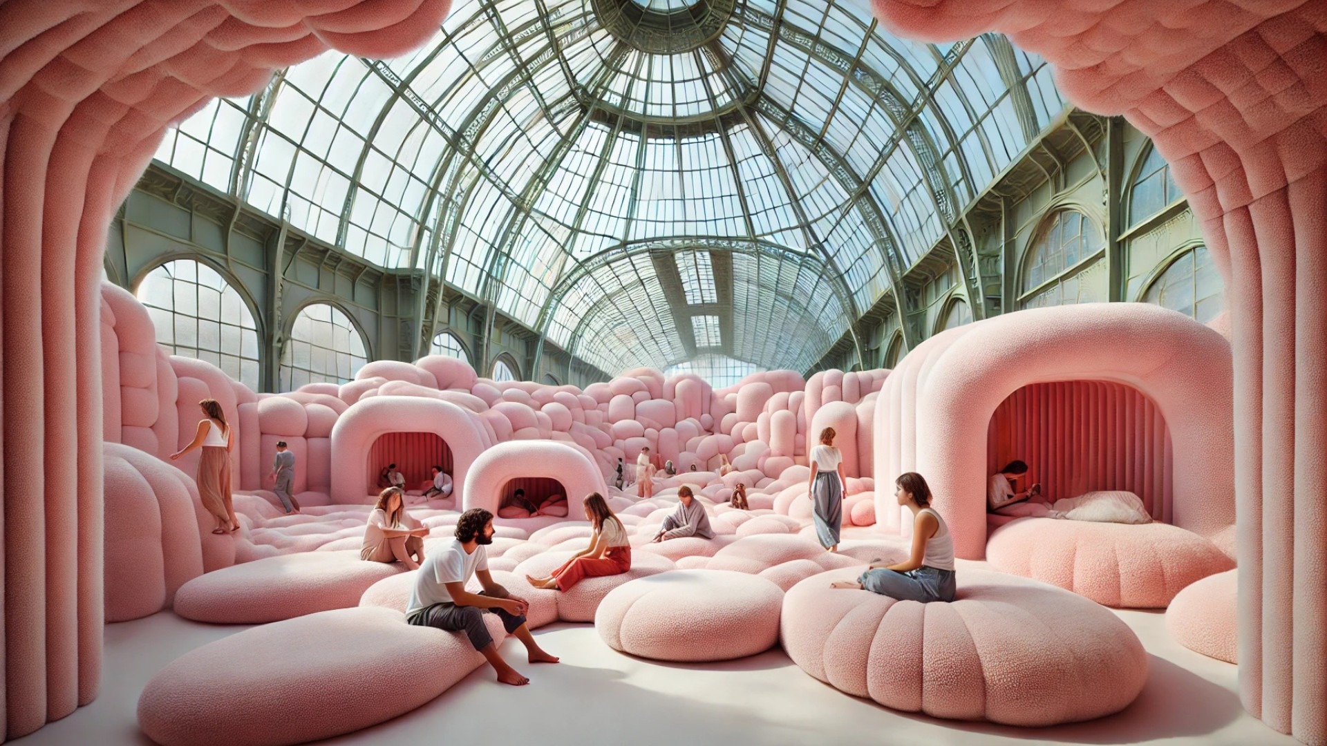 Vibrant modern art installation at Studio Ossidiana featuring pink structures and interactive design.