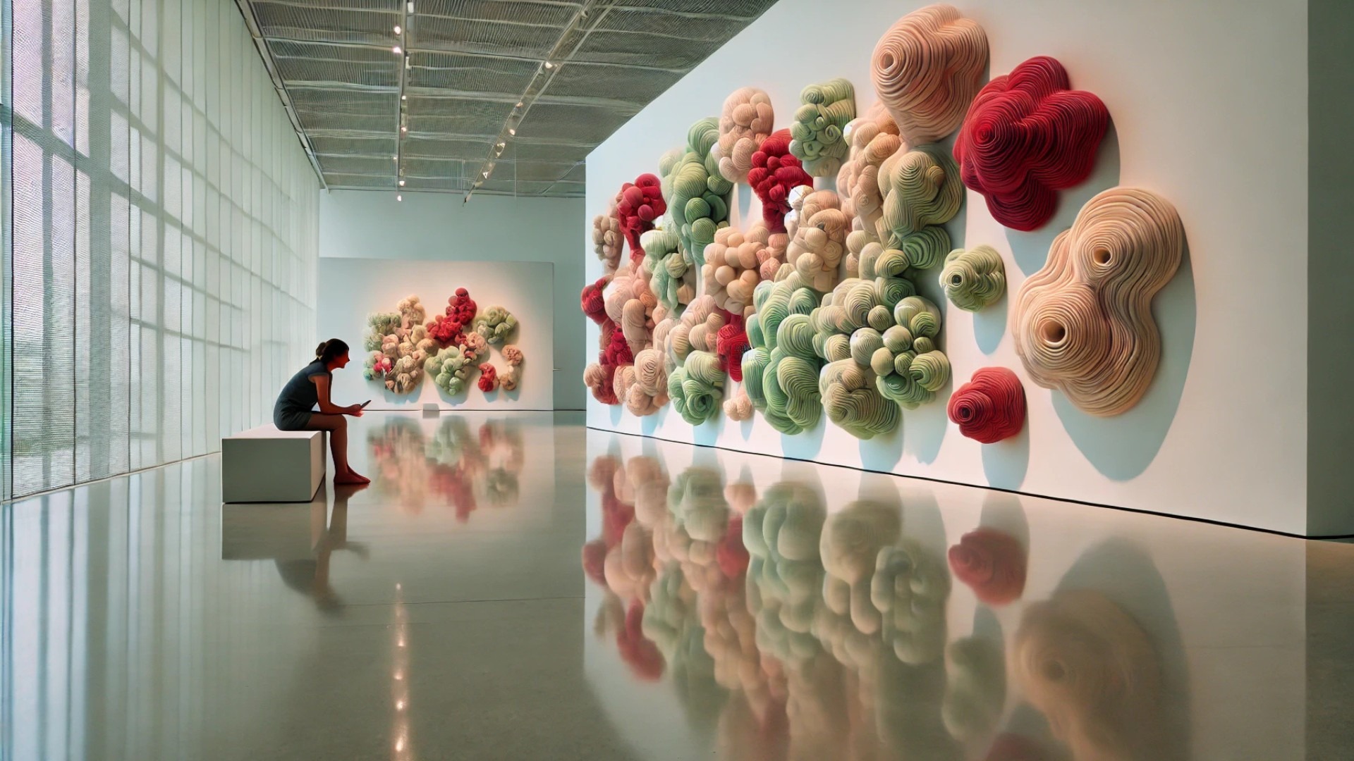 capturing the contemplative atmosphere and organic visual language of the "Shapes of Inequalities" installation