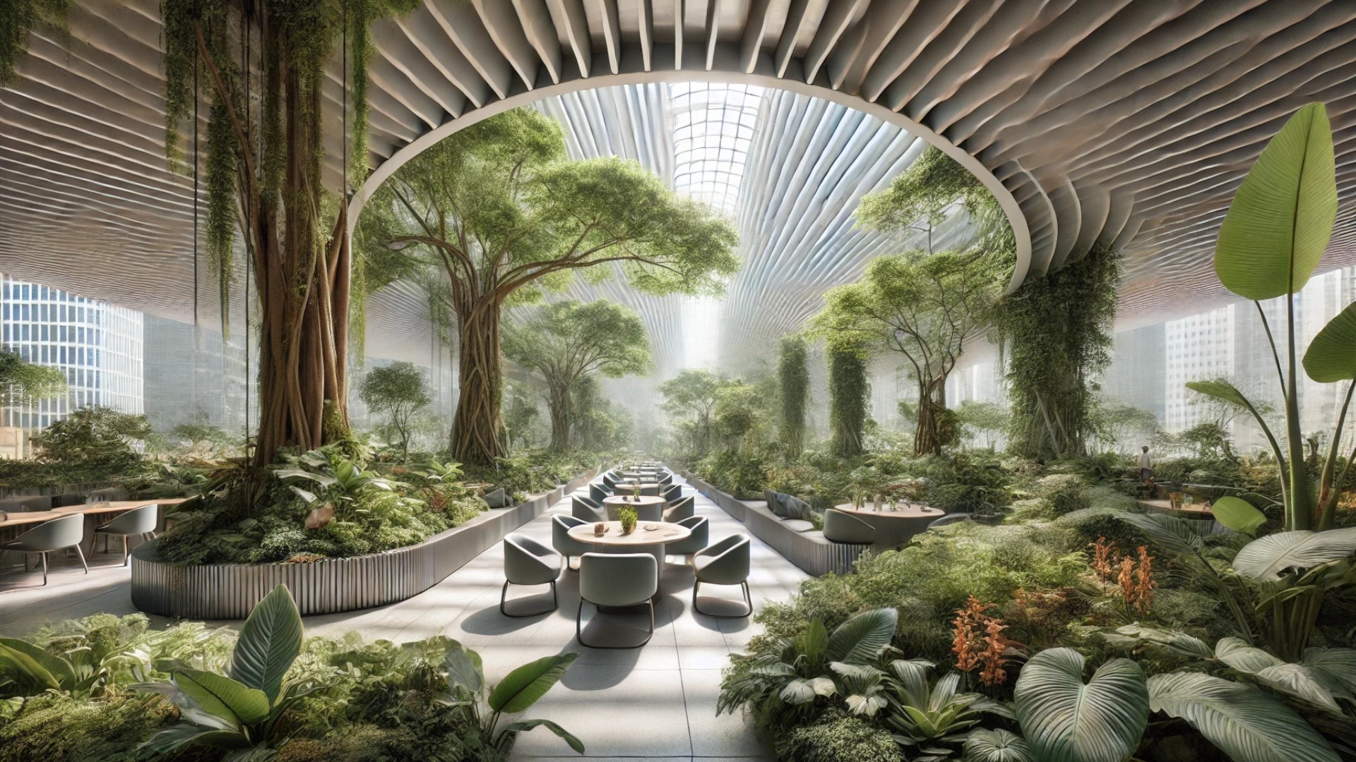 Indoor garden dining space in Nanjing, lush greenery and natural light.