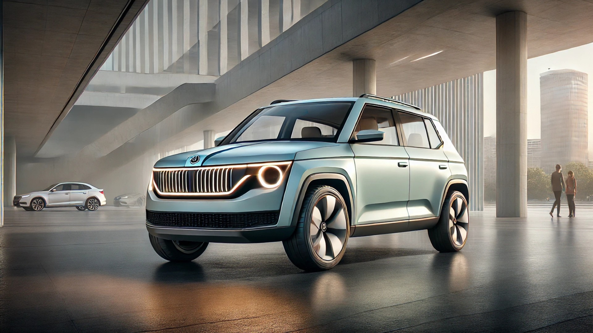 new electric Škoda Favorit, blending retro charm with a modern EV design in a clean, urban setting