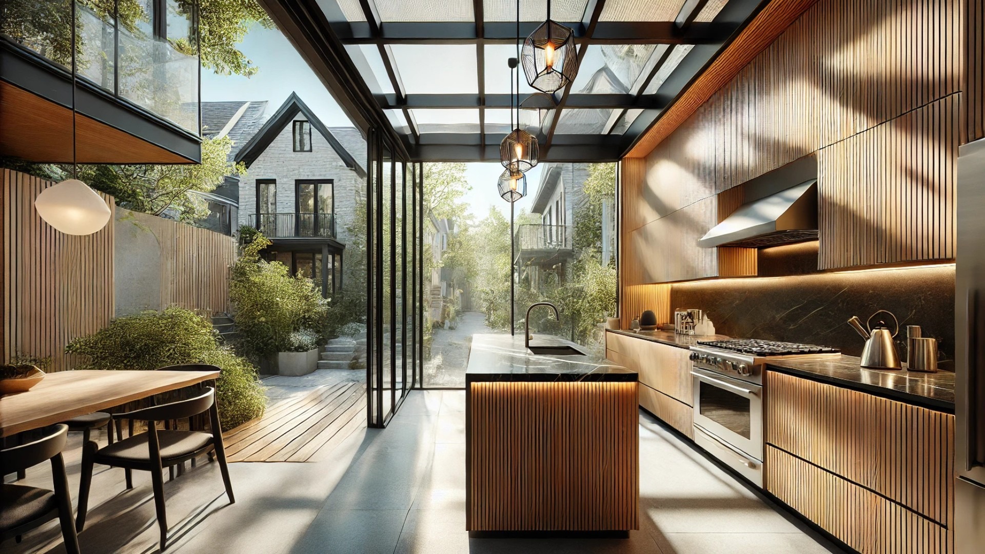 Kitchen at the Outremont Residence, emphasizing natural light, glass architecture, and the refined mix of black marble and vertical-grain wood cabinetry