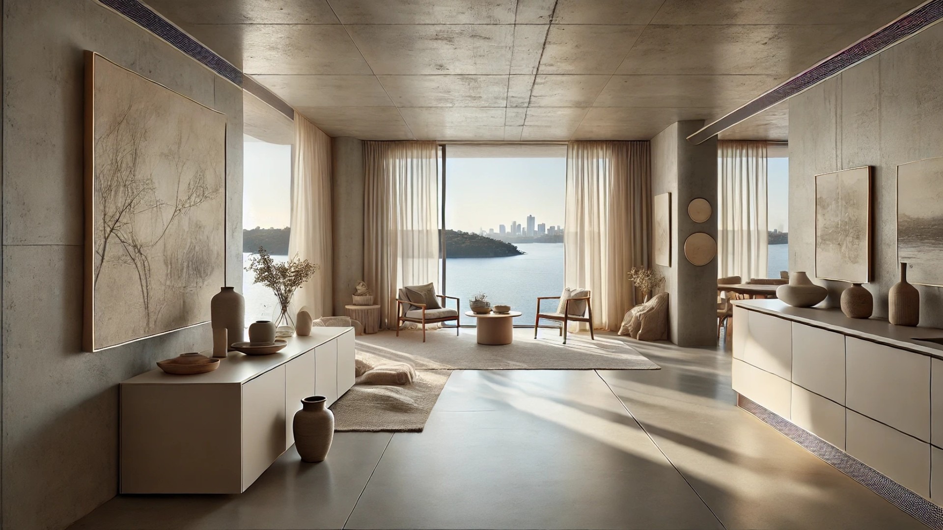 capturing the tranquil, thoughtfully renovated Darling Point Apartment with its panoramic harbor views and elegant, tactile interior design