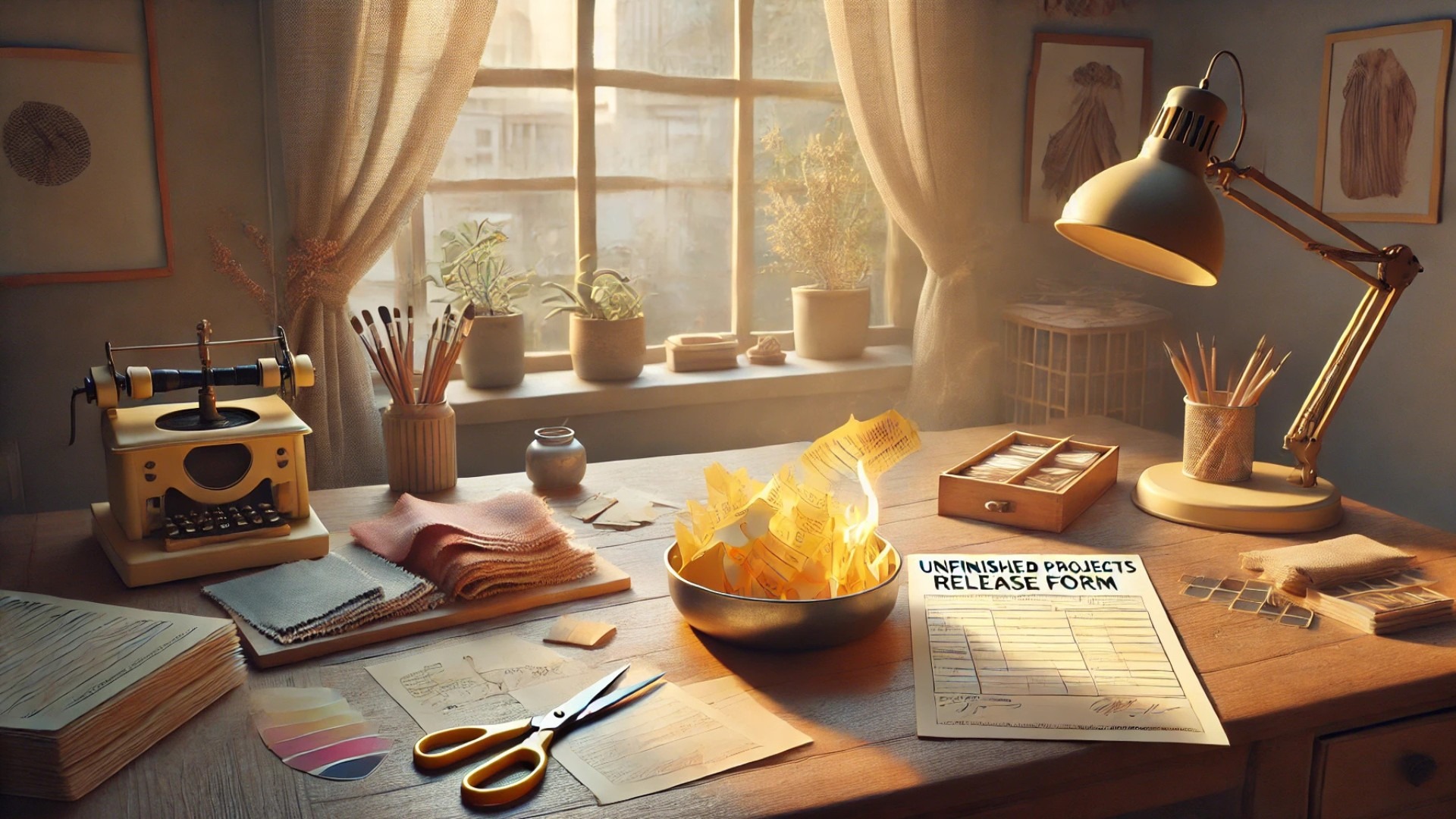 capturing the symbolic and reflective mood of the Unfinished Projects Release Form in a serene creative workspace
