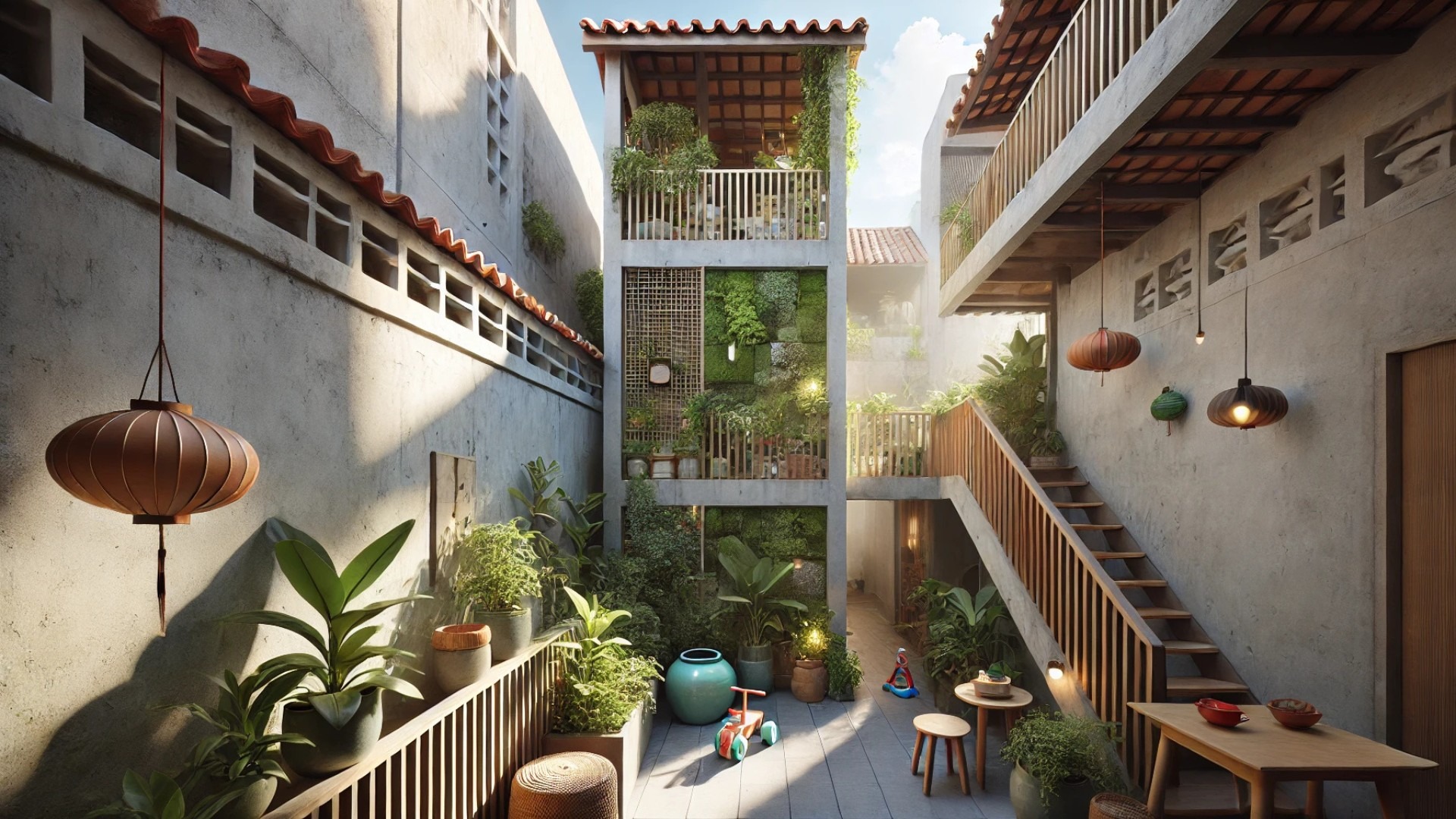 NHÀ QUANH SÂN House, highlighting the vertical courtyard and its traditional-meets-modern Vietnamese aesthetic