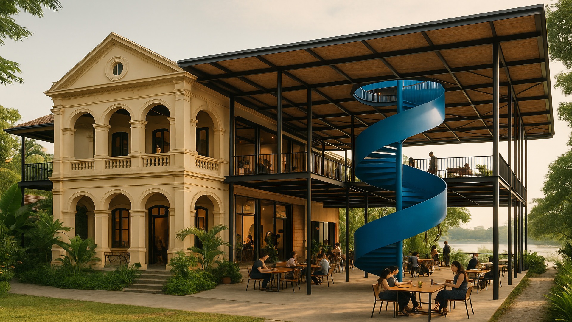 A neoclassical villa in Ho Chi Minh City is transformed into a vibrant riverside hub, blending heritage architecture with modern open-air design and a striking blue spiral staircase