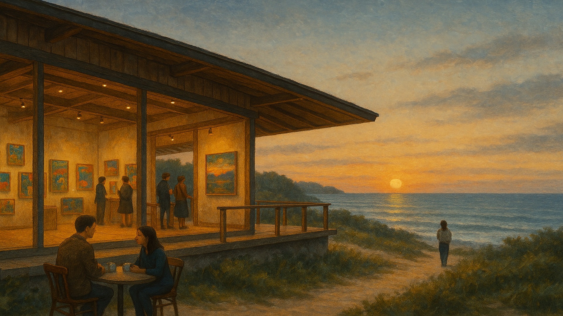 Kugami Terrace Sunset Cafe, a serene coastal gallery-café, glows with sunset light as visitors admire vibrant artwork inside and sip coffee outside