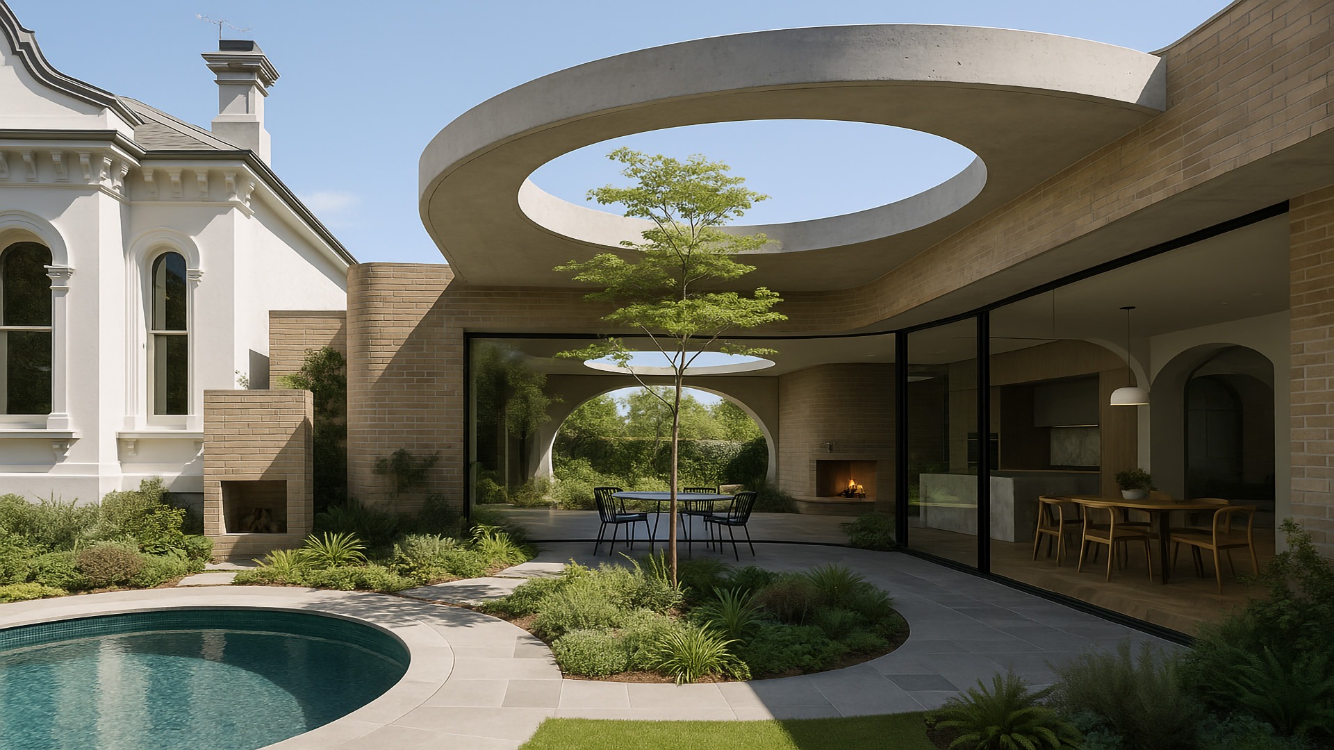 Circular courtyard design with modern glass walls and greenery.