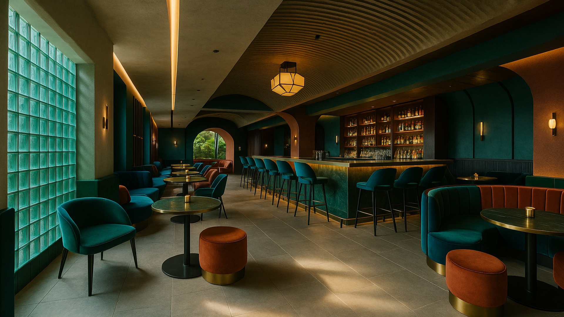 Contemporary speakeasy design in Gurugram restaurant, featuring cozy booths and sleek bar.