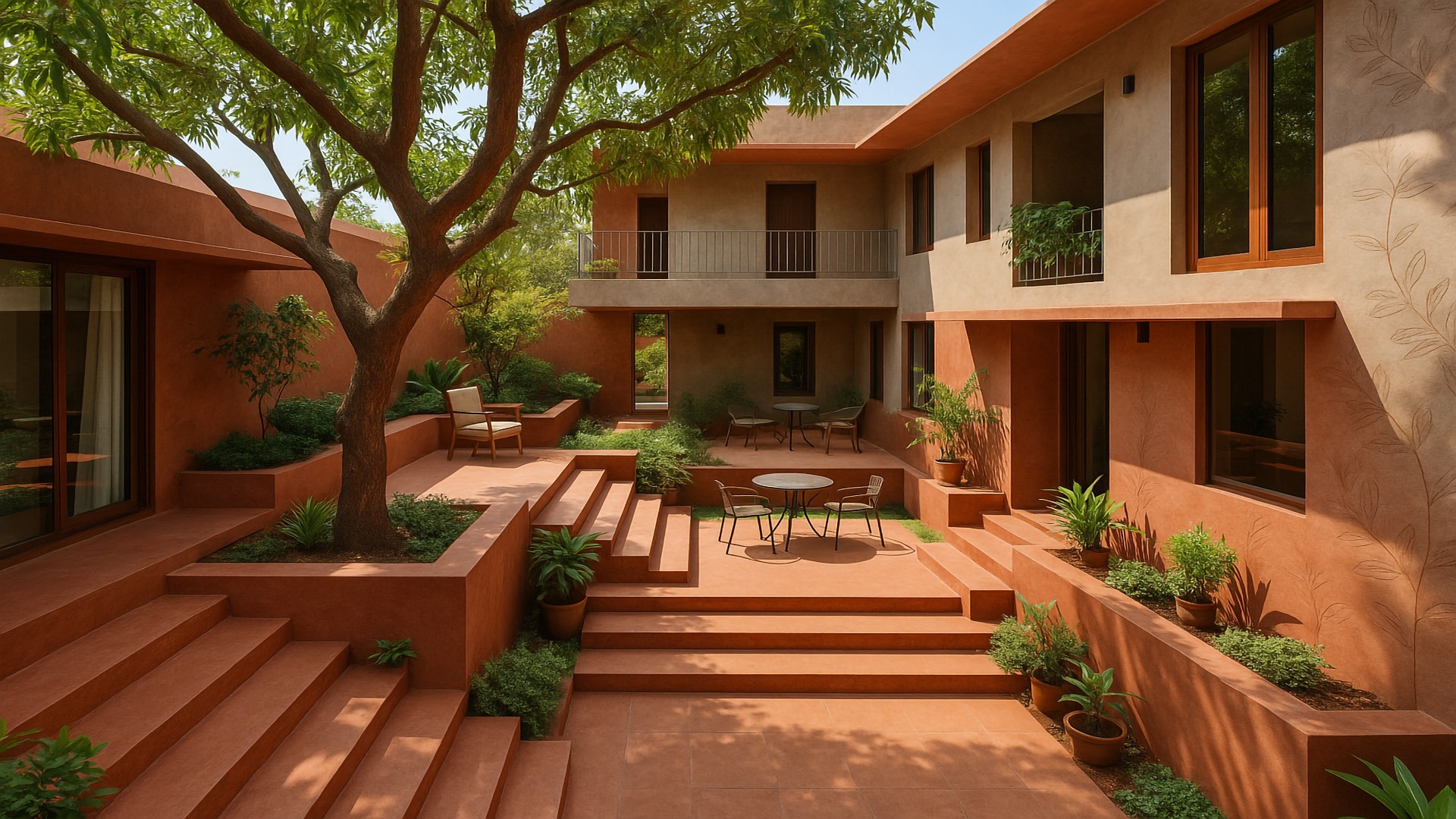 A sunlit terraced courtyard unfolds around a mango tree, where red oxide platforms, lush greenery, and layered seating areas create an intimate, multi-level space that blurs architecture with nature.