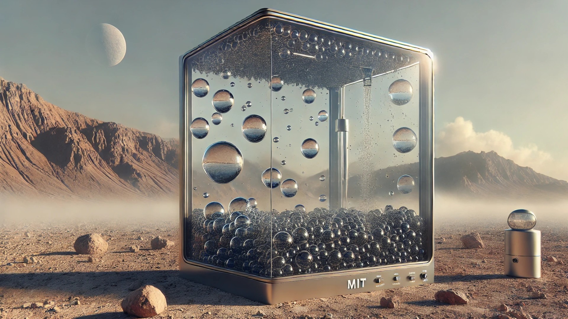 water-harvesting window device, set within a desert landscape and showcasing its innovative hydrogel interior and moisture collection system