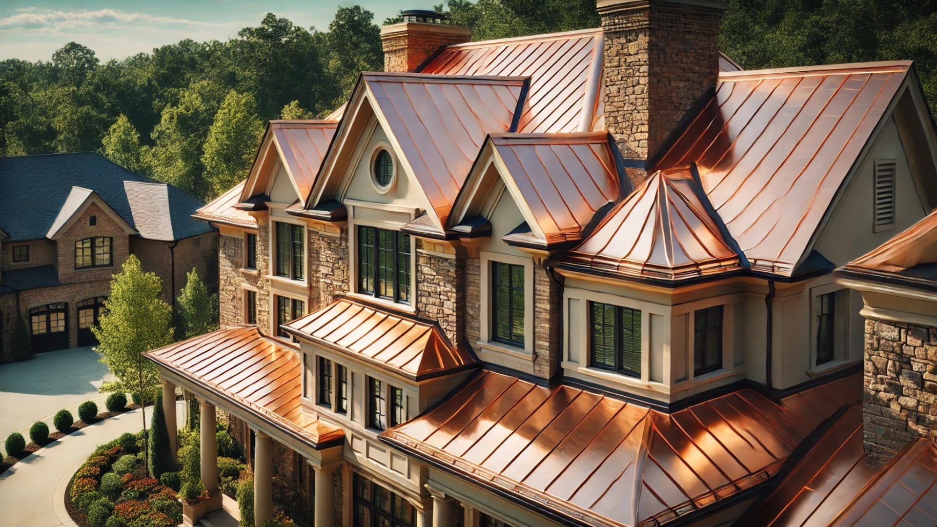 highlighting the refined details of copper roofing on a luxury home—showcasing its rich tone, natural patina, and expert craftsmanship