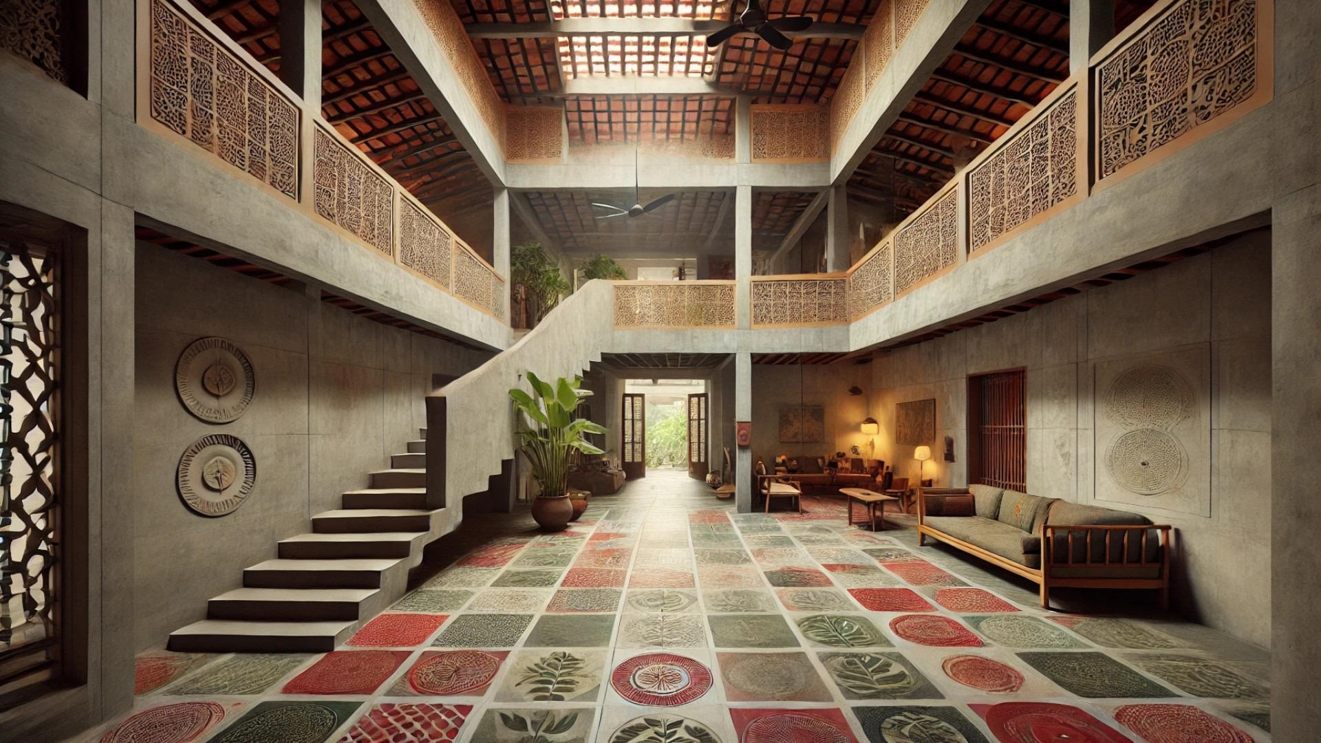 capturing the essence of Suvadu – Annai Sita Illam, highlighting oxide flooring, natural light through a triple-height spine, leaf-embedded concrete walls, and a blend of traditional and modern design elements