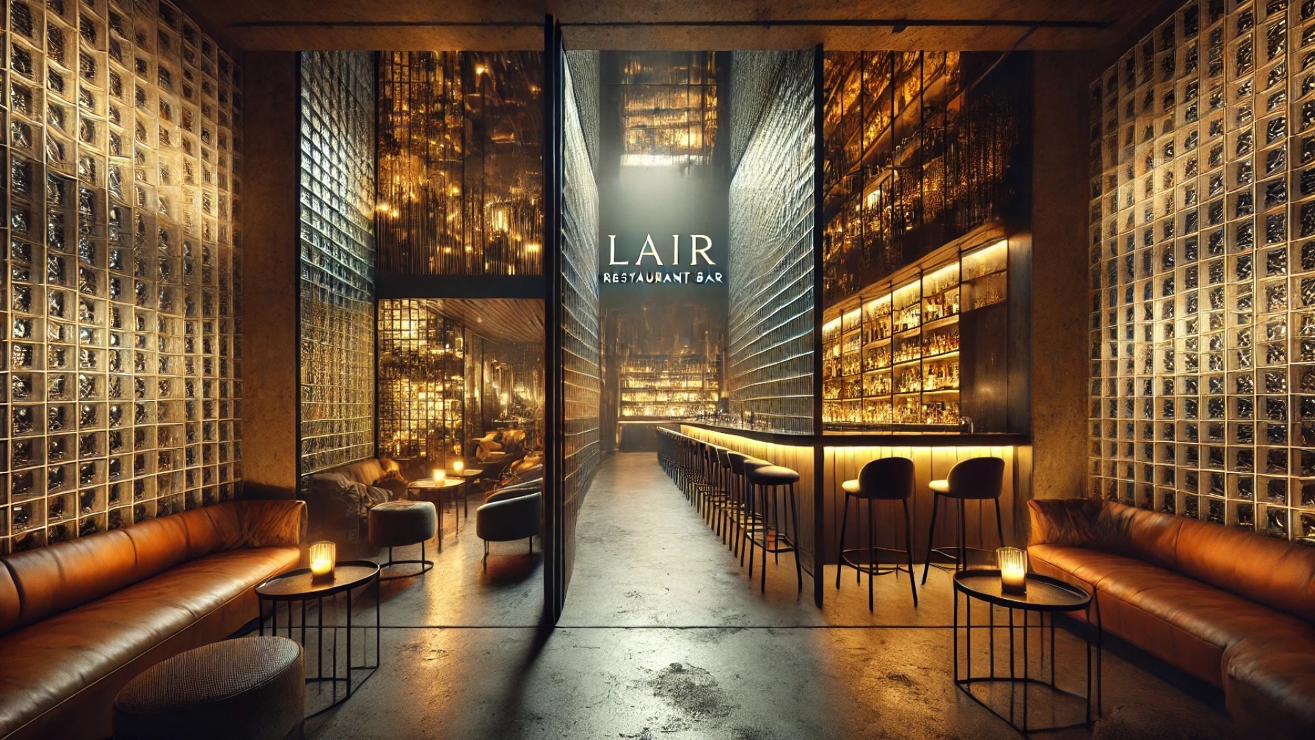 capturing the essence of LAIR Restaurant Bar—its mysterious illuminated entrance and richly textured, atmospheric interior