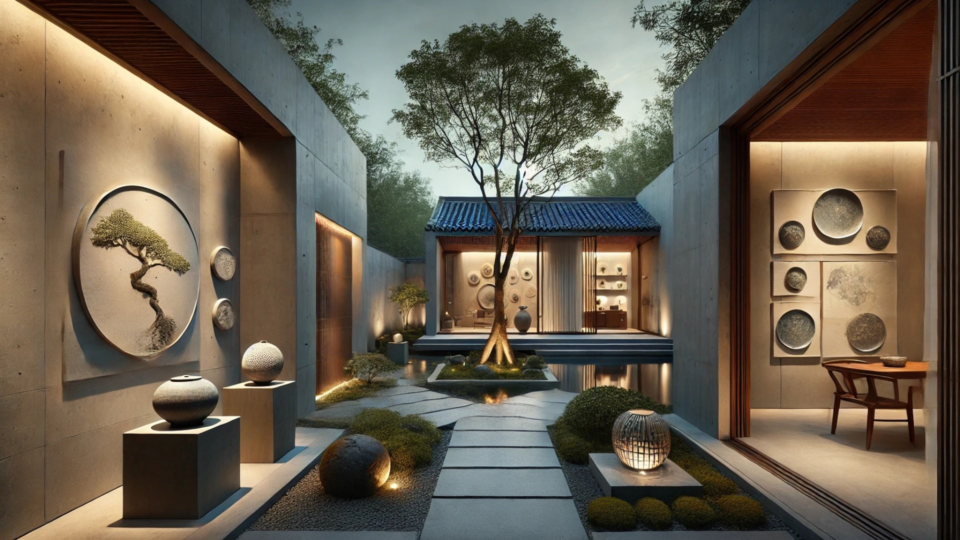 Suzhou Tongli Villa - a serene, minimalist villa in Suzhou, China, featuring cool gray stone, warm wood accents, and expansive glass panels, centered around a softly lit courtyard