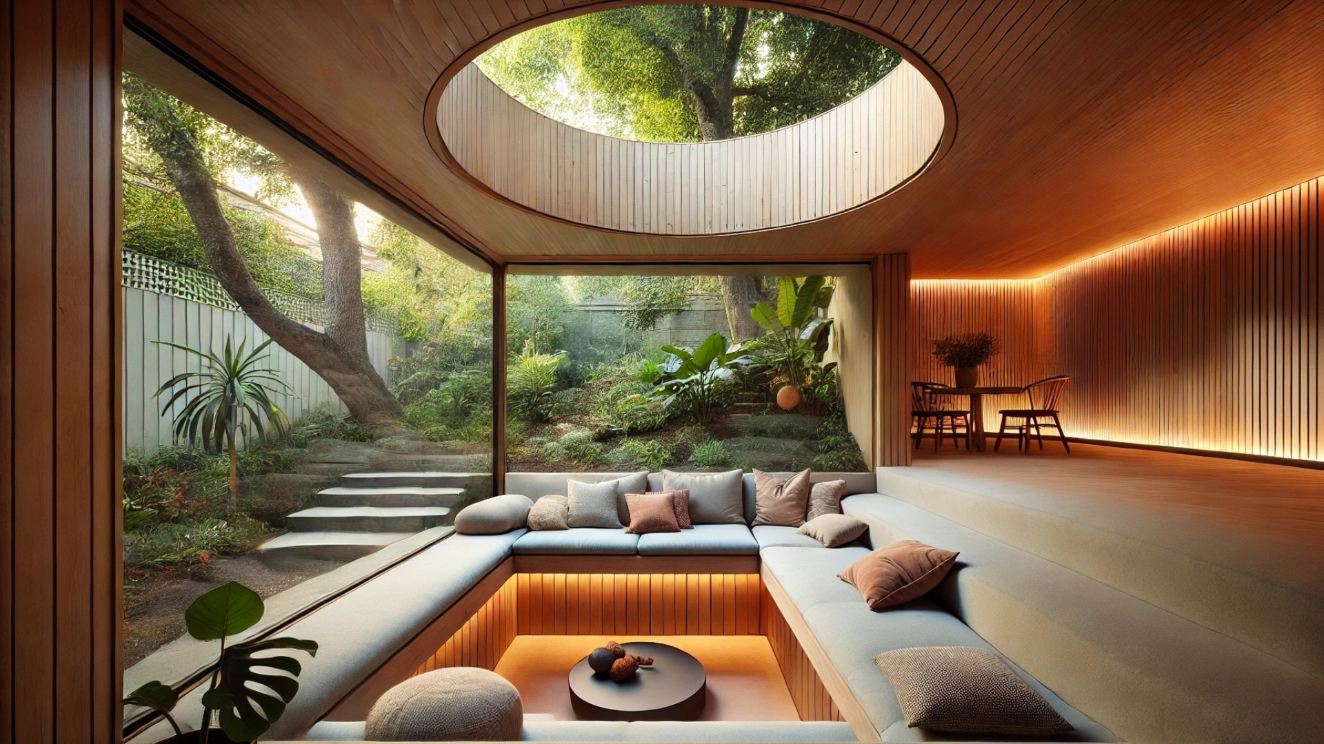 sunken lounge in the Armadale residence, showcasing its cozy built-in seating, soft materials, and seamless connection to the lush courtyard beyond