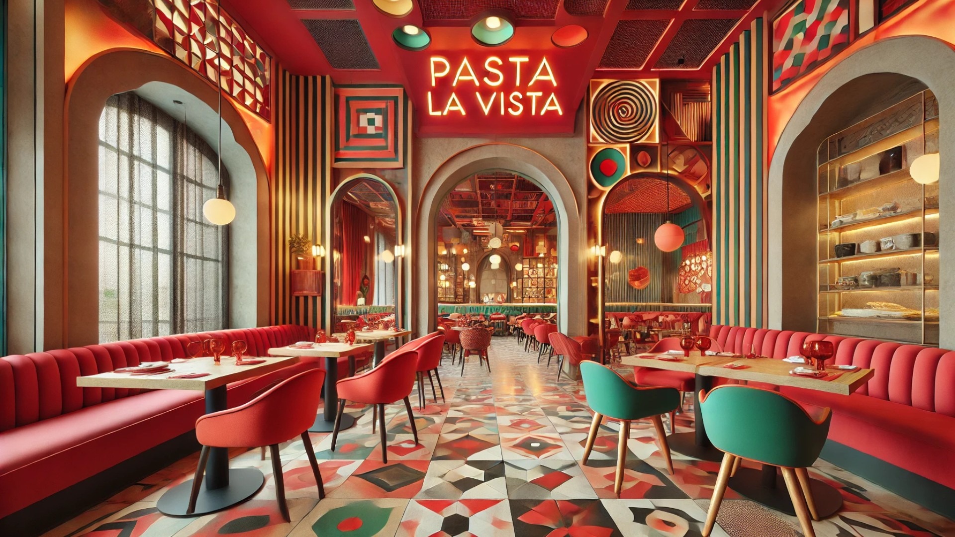 Pasta La Vista Bistro, showcasing its bold Memphis-inspired interior with scarlet and olive hues, geometric forms, and artisan-crafted detail