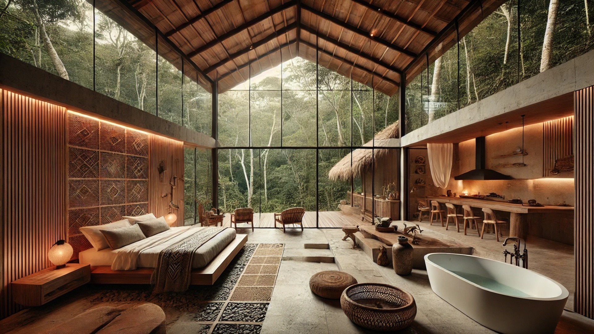 Rio Perdido West Bungalows in Costa Rica, highlighting the natural materials, warm minimalism, and seamless views into the surrounding forest