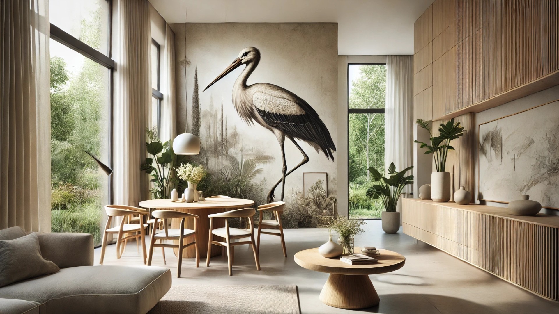 thoughtfully designed Petrovsky Island apartment—featuring the symbolic stork mural, sculpted natural materials, and a serene blend of elegance and narrative
