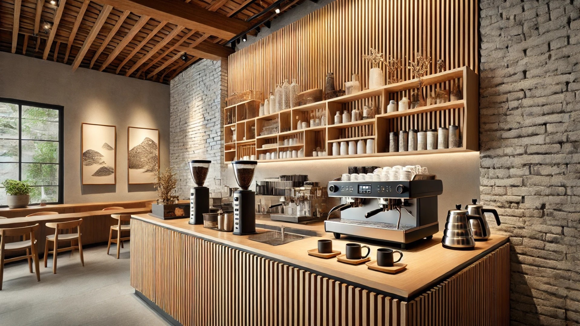barista workspace at the Snow Peak Cafe—highlighting the minimalist layout, natural textures, and organized coffee tools within a warm, tranquil environment
