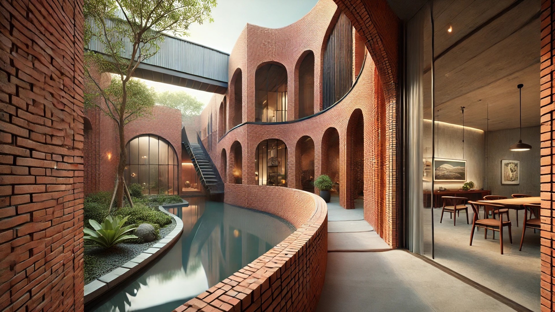 Brick Journey in Bangkok, showcasing the curved brick architecture, tranquil garden paths, and integrated gallery and café spaces