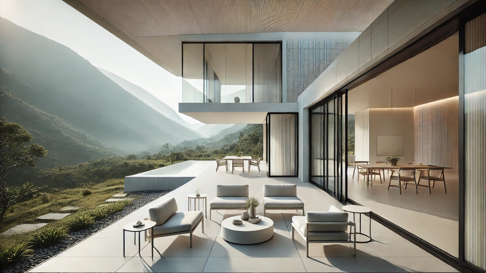 terrace space at the Rendezvous for Four Generations, designed for serene family gatherings with a minimalist aesthetic and a strong connection to nature