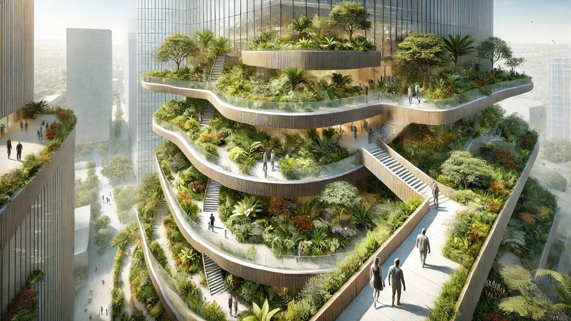 garden terraces of the Salma Tower, São Paulo, showing the vibrant plant life, stone paths, and integration with the glass façade
