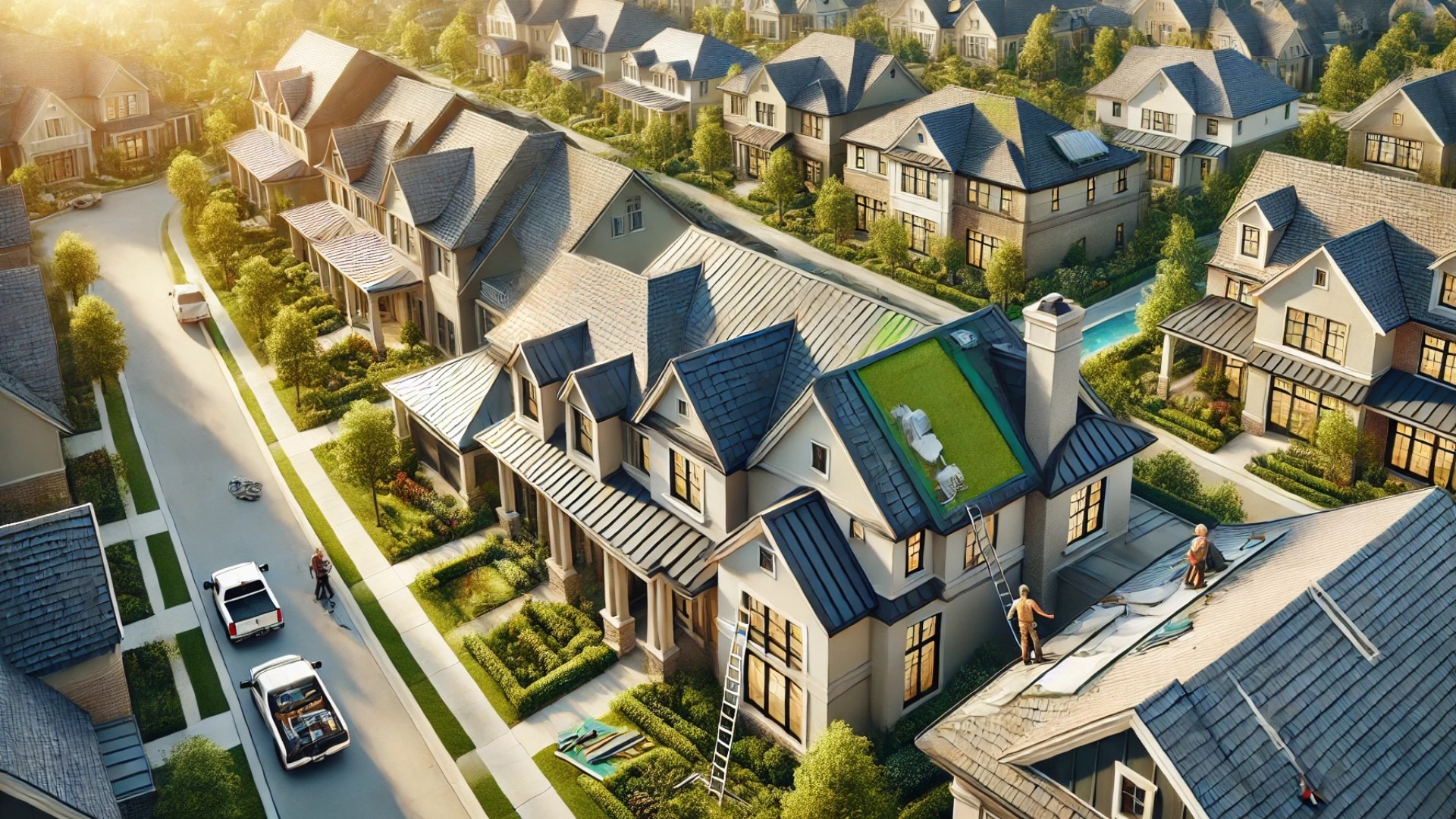 capturing upscale residential roofing scenes in Springfield, TN, showcasing craftsmanship, varied materials, and a refined neighborhood atmosphere