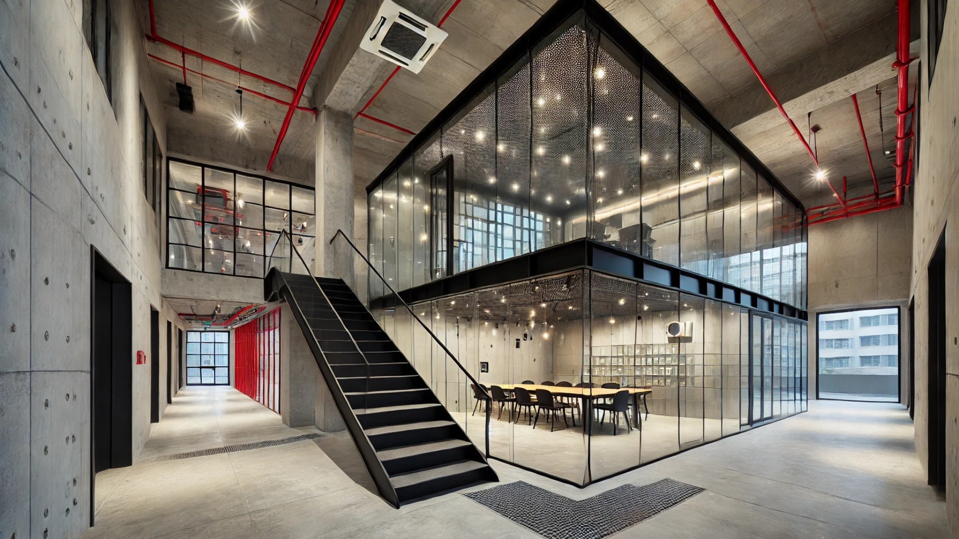 industrial-modern transformation of Kaixuanfang Studio, featuring the skewed meeting room, striking staircase, and integrated architectural elements