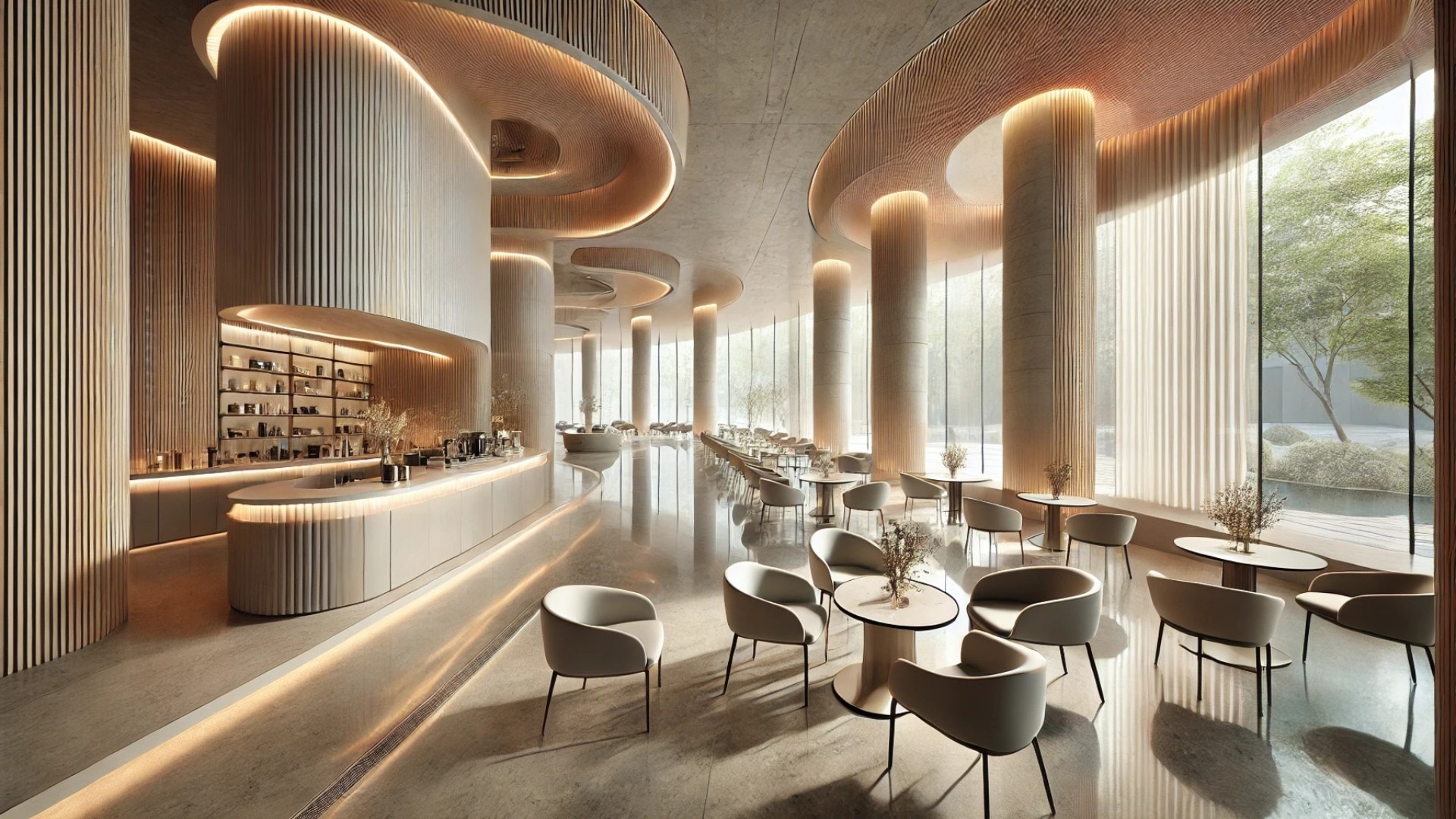 Lebom Café, a futuristic café in South Korea bathed in soft natural light, blending polished surfaces with organic materials to create a serene, tech-inspired social space