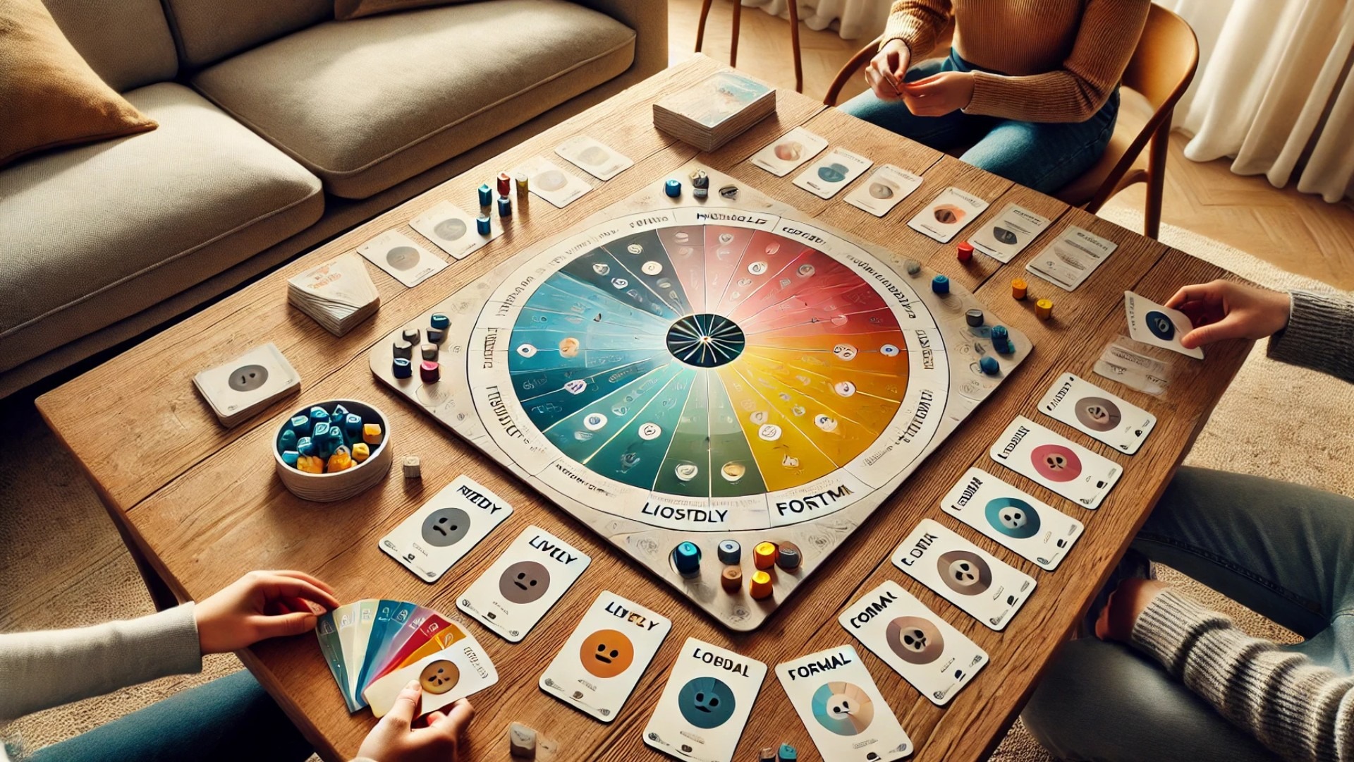 Colorful board game setup with vibrant cards and pieces for EMO+ game.