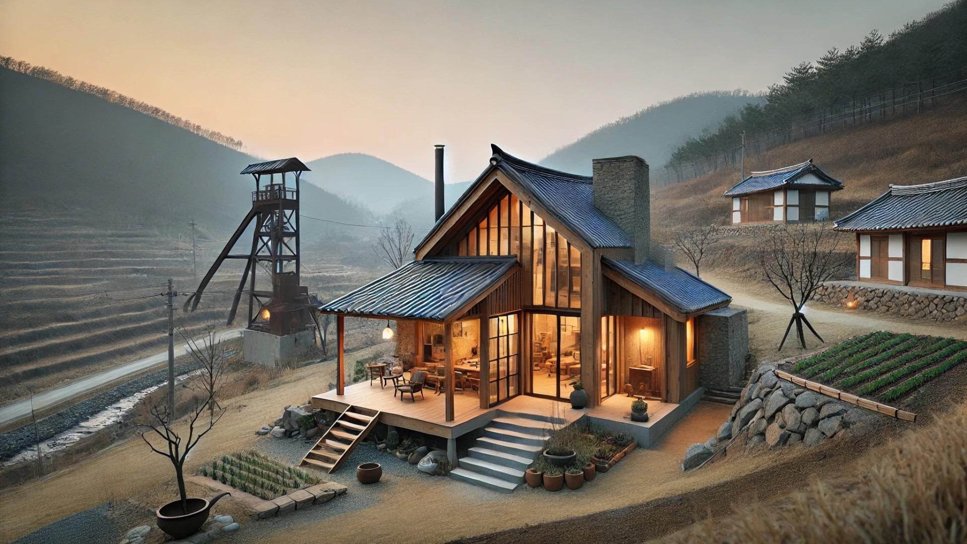 A thoughtfully restored guesthouse in rural South Korea blends minimalist modern design with the rustic charm of an old blacksmith shop, set against a tranquil mountainous backdrop.