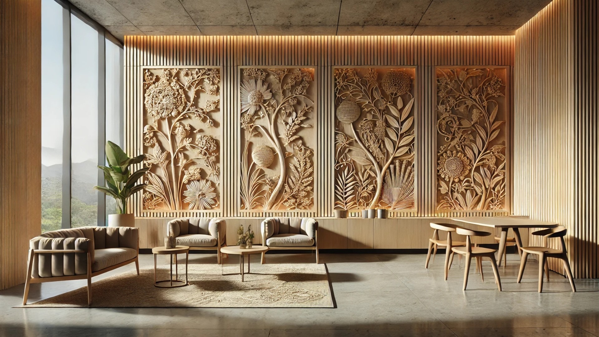Stile’s Stilart Wall as sculptural vertical wood art, featuring the Garden and Floreale series, showcasing the engraved wooden wall panels in a serene, elegant interior
