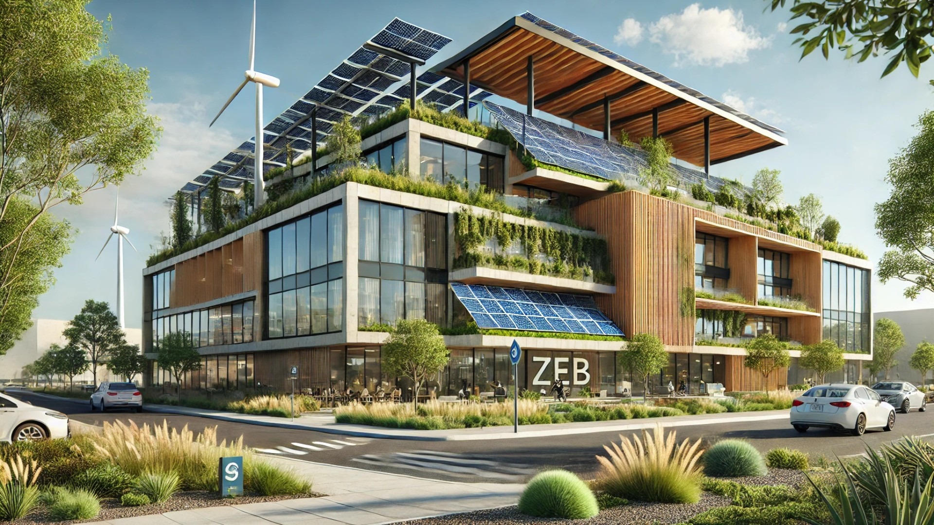 Net Zero Energy Building concept, showing sustainable architecture integrated with nature and modern energy systems