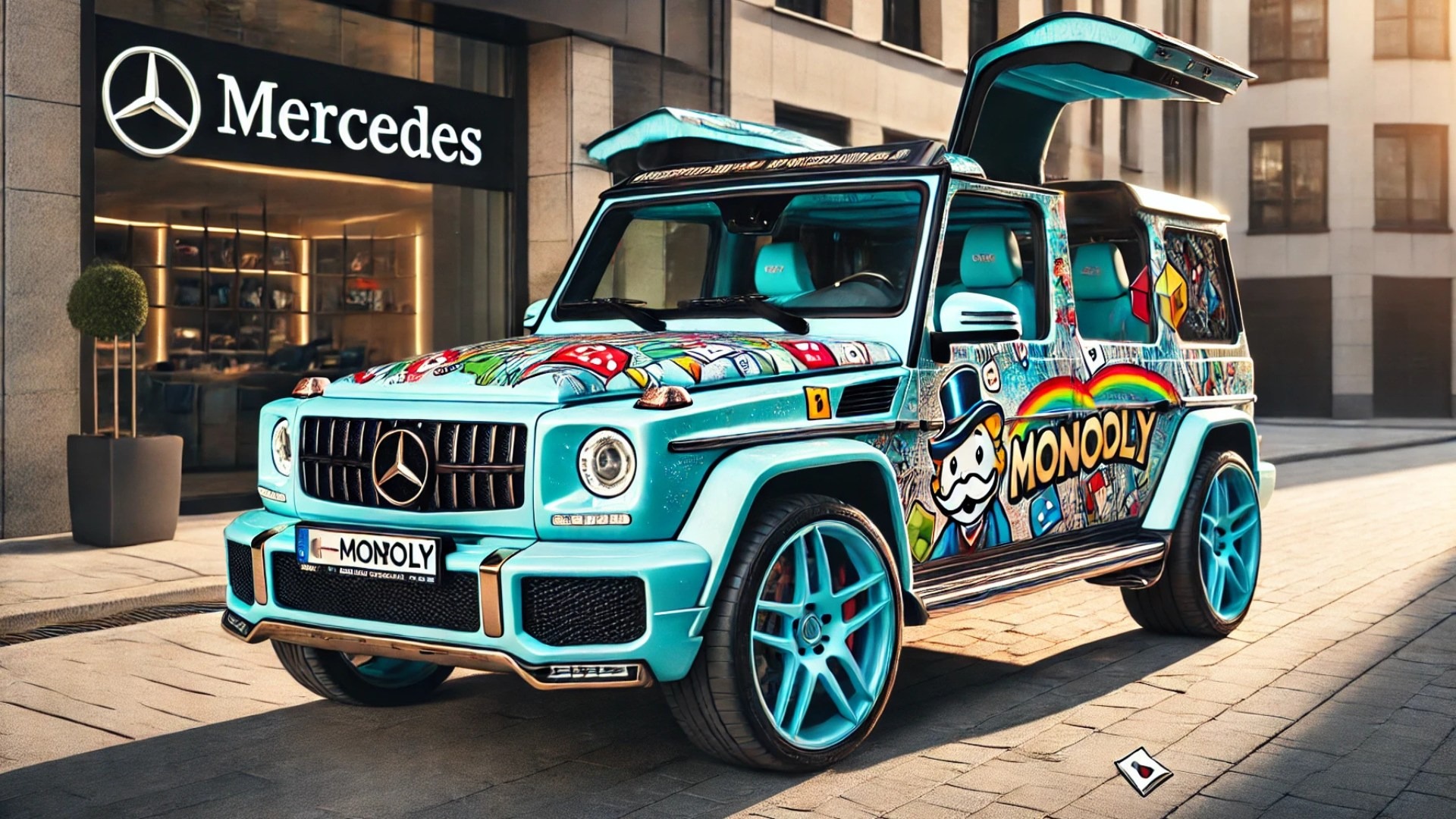 interpretation of the exclusive Mansory – Art Piece – AL3C MONO907Y Mercedes G-Class, showcasing its bold, artistic exterior and vibrant aqua blue interior